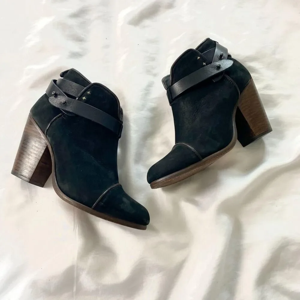 Early 2000s Designer Rag & Bone Harrow Black Suede Buckle Ankle Boots US 7